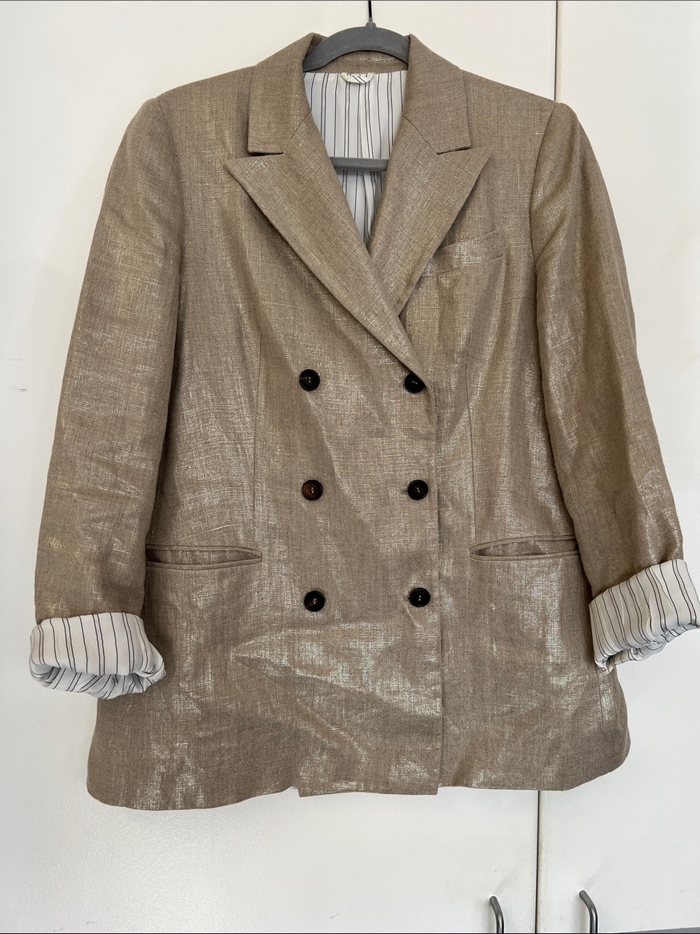 Brunello Cucinelli Shimmery Metallic Linen Double-Breasted Blazer Jacket Coat